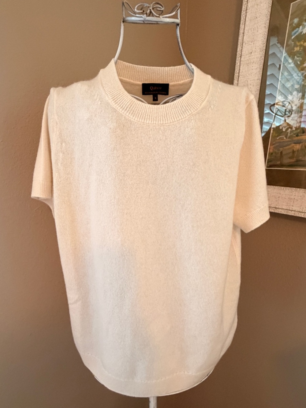 Quince Cashmere Short-Sleeve Crewneck Sweater in Ivory size S